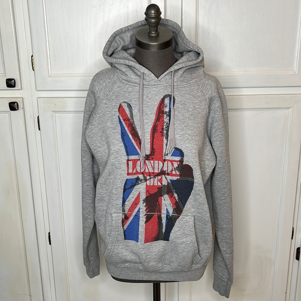 Union Jack LONDON UK Flag w/ PEACE fingers on Heather gray Hoodie Sweatshirt L